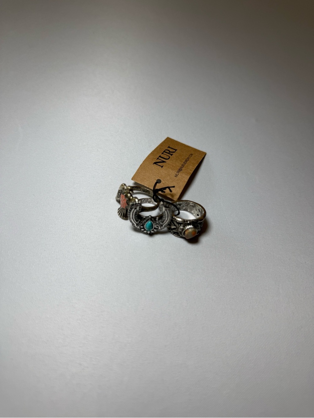 Women's Boho Silver Ring Set with Turquoise, Coral, and Peach Accents
